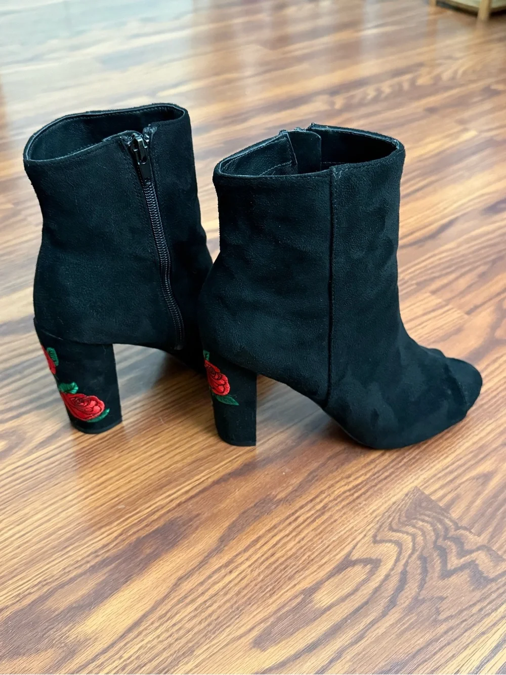 Wild Diva Black Suede Peep-Toe Ankle Booties with Red Rose Embroidery